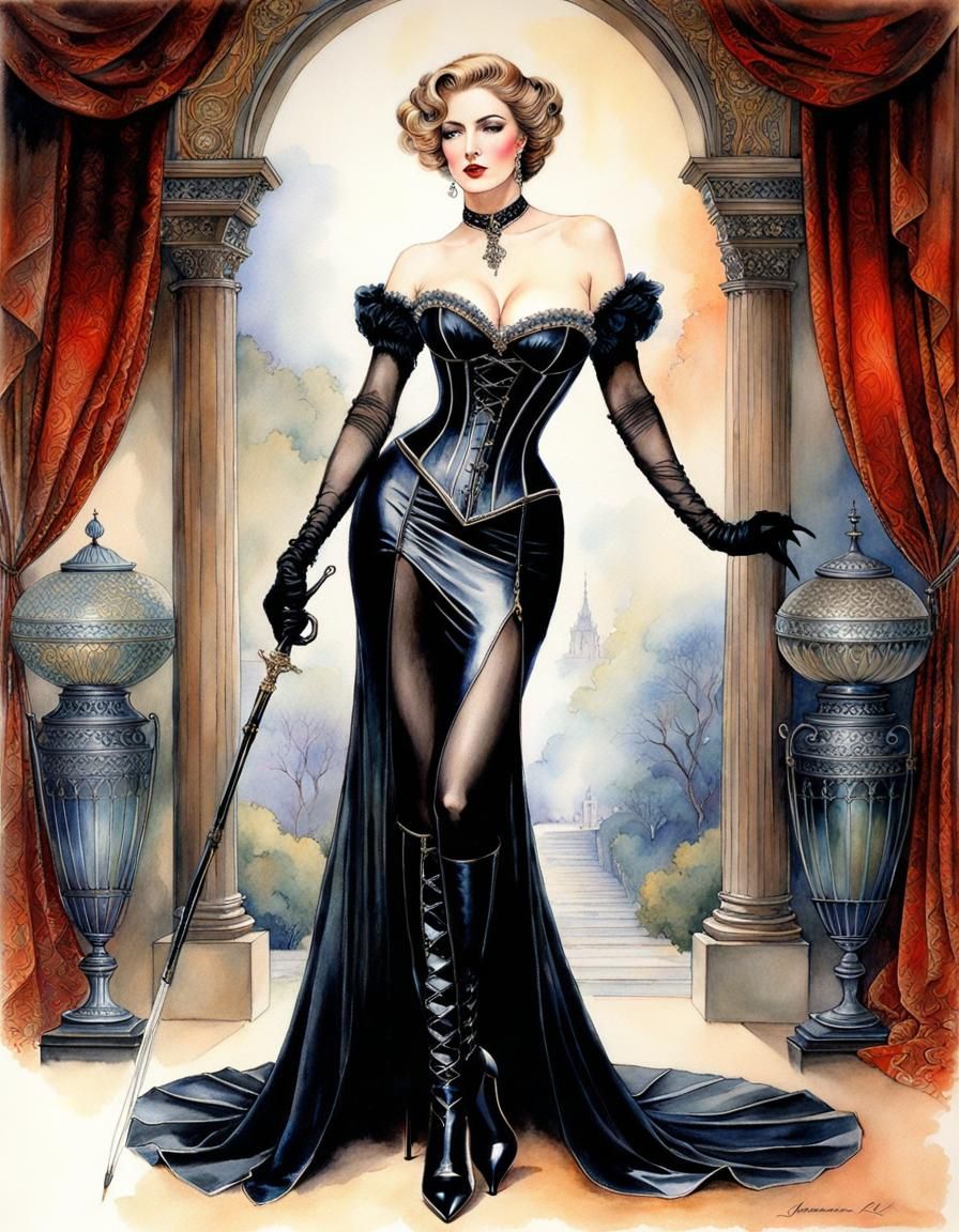 Elegant Girl with Whip in Art Deco Watercolor