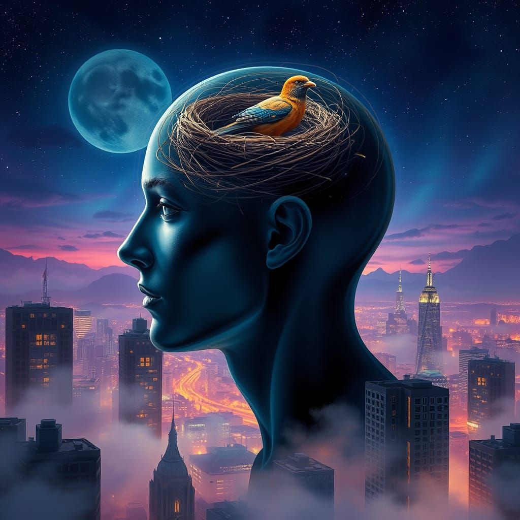 Surreal Bird Brain Portrait in Cityscape