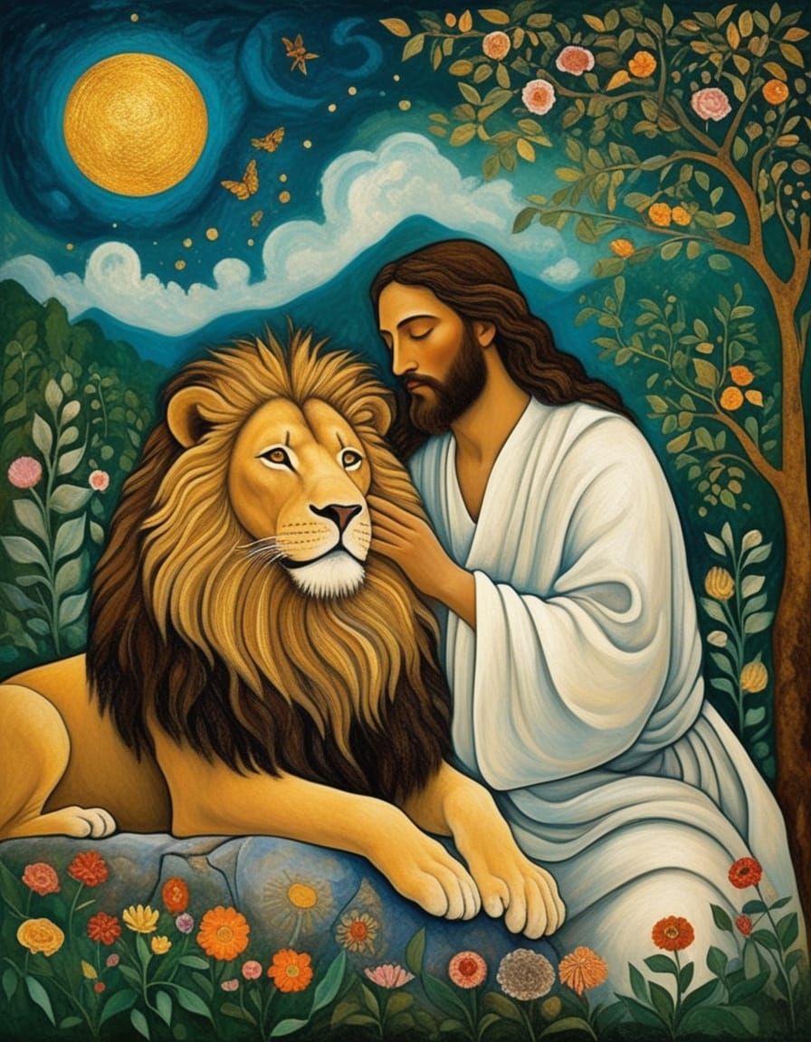 Serene Jesus and Majestic Lion in Ethereal Light