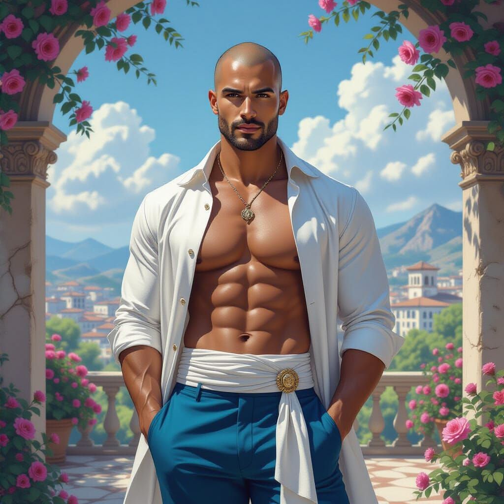 Handsome Bald Man in Flowing Shirt Outdoors