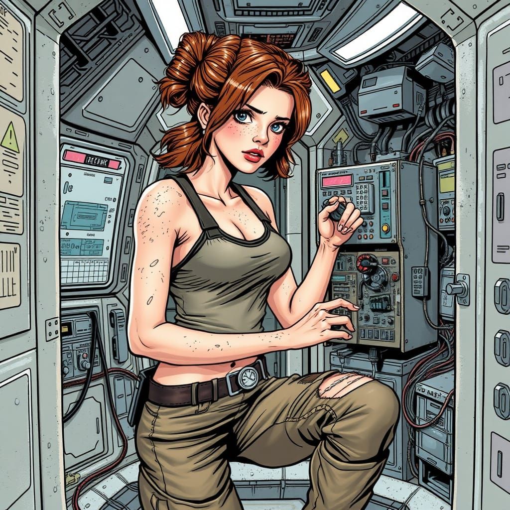 Curvy Space Engineer Repairs Damaged Device in Clunky Spacec...