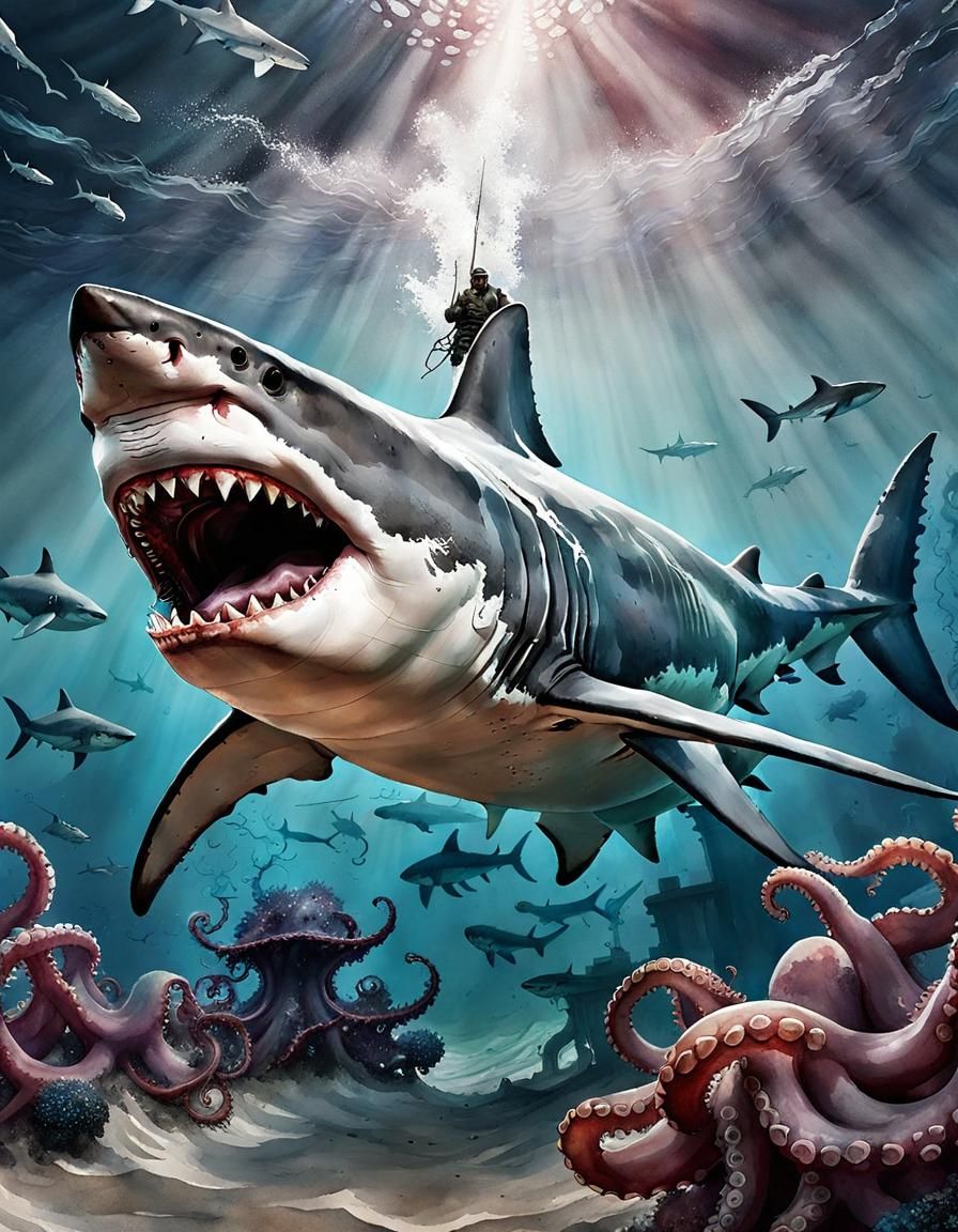 Great White Shark Hunts Giant Octopus in Watercolor