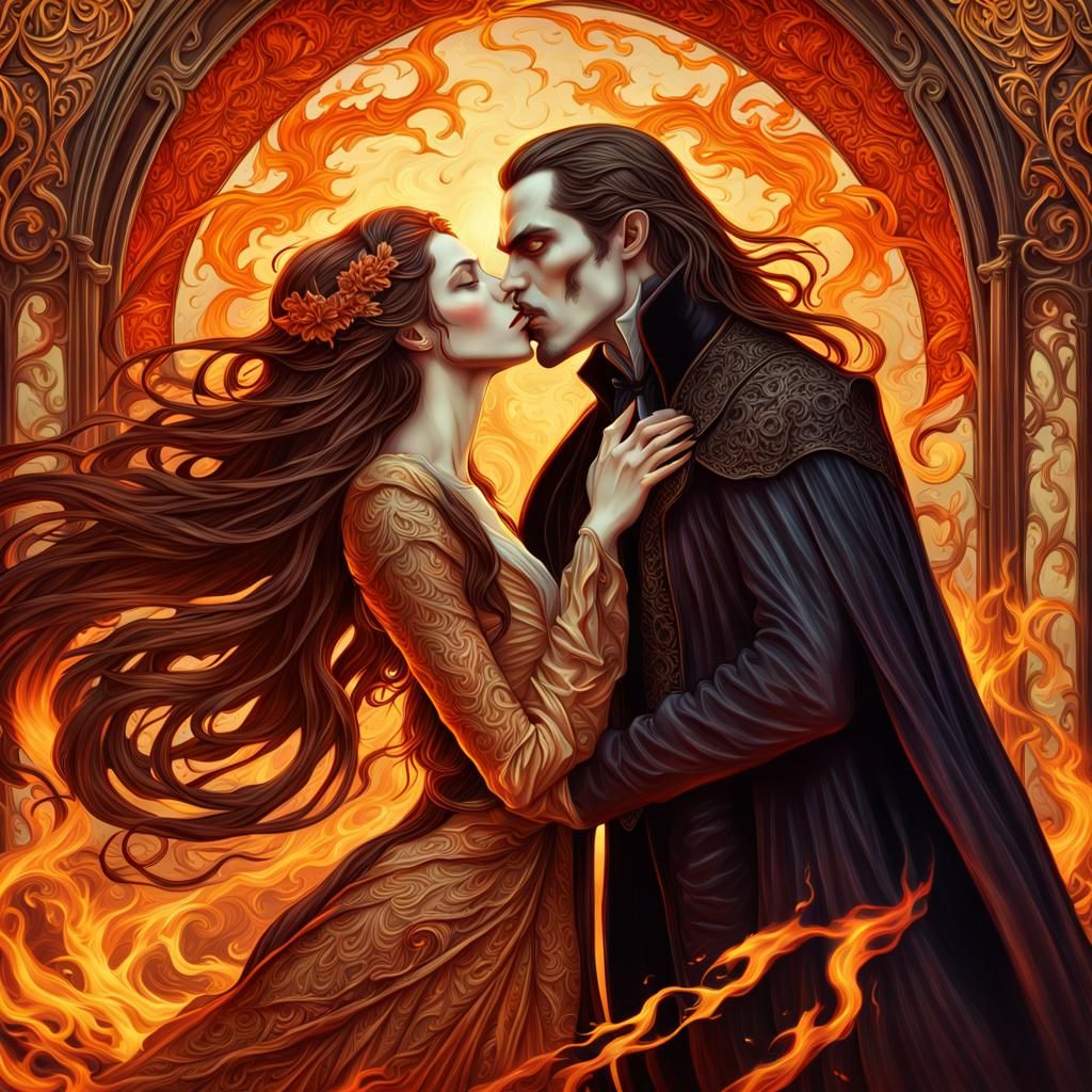 Art Nouveau Vampire Couple Kissing in Flames