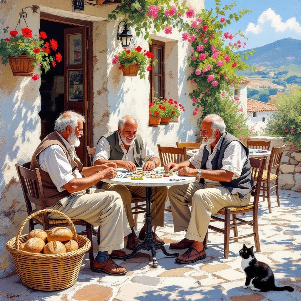 Two Elderly Men Enjoy a Leisurely Game of Dominos in a Greek...