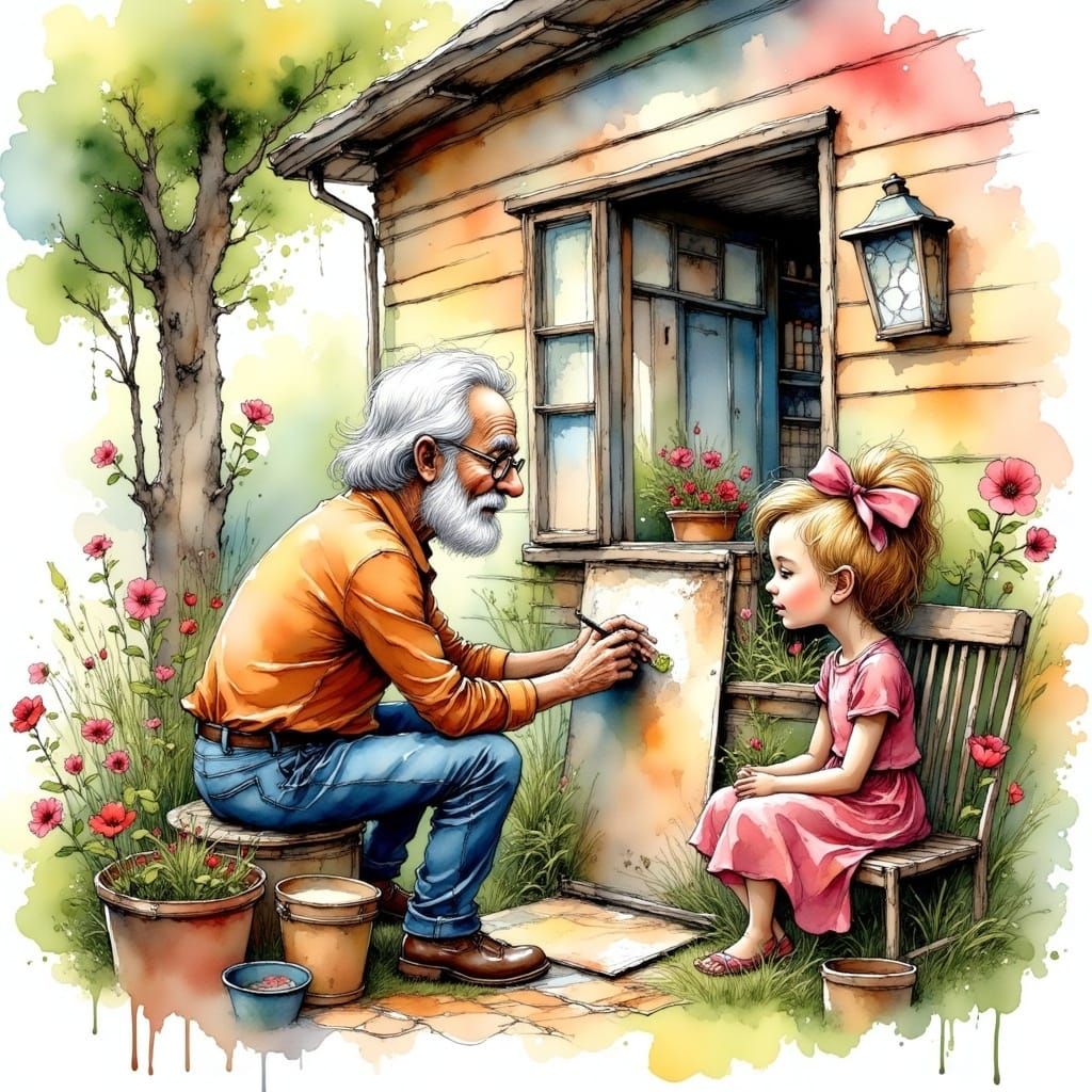 Elderly Artist Paints House with Granddaughter's Watchful Ey...