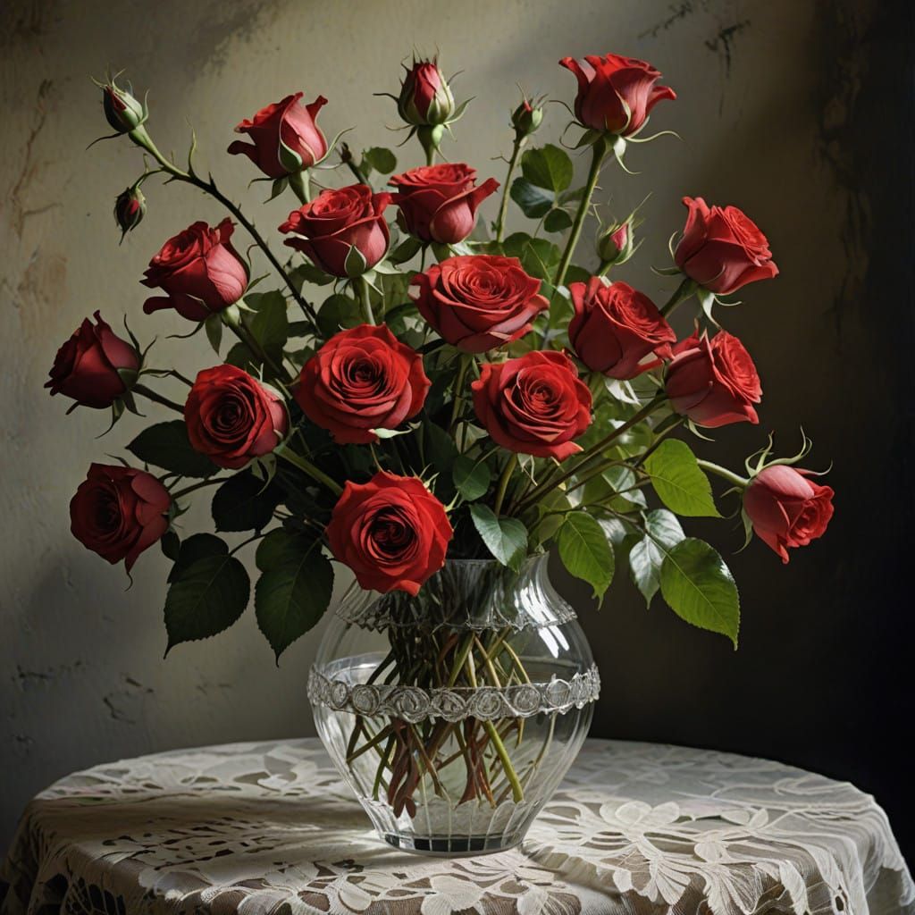 Velvety Roses Cast Intricate Shadows in Crystal Vase