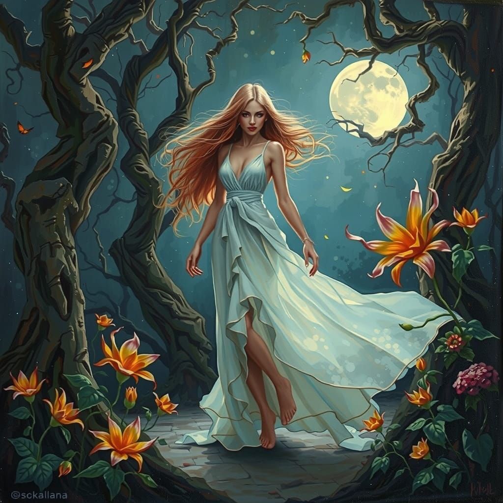 Mystical Woman Walks on Moonlit Path in Vibrant, Impasto Sty...