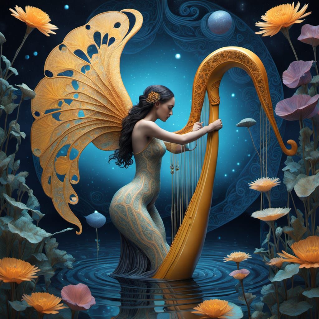 Harpist with Psychedelic Body in Klimt Style