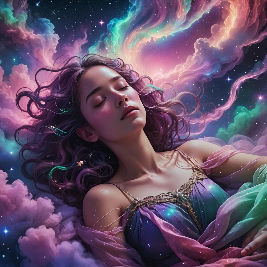 Ethereal Woman in Starry Nebula: Fantasy Concept Art