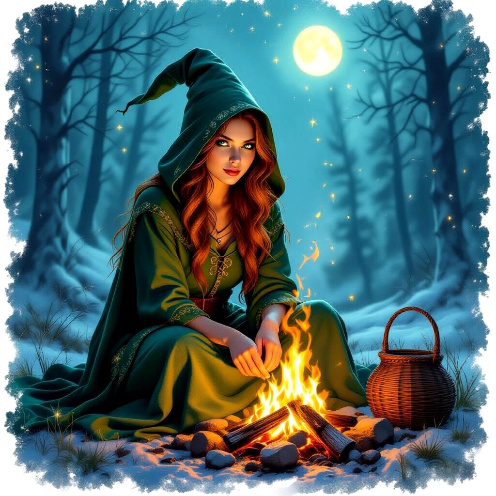 Young Witch by Firelight in Moonlit Forest