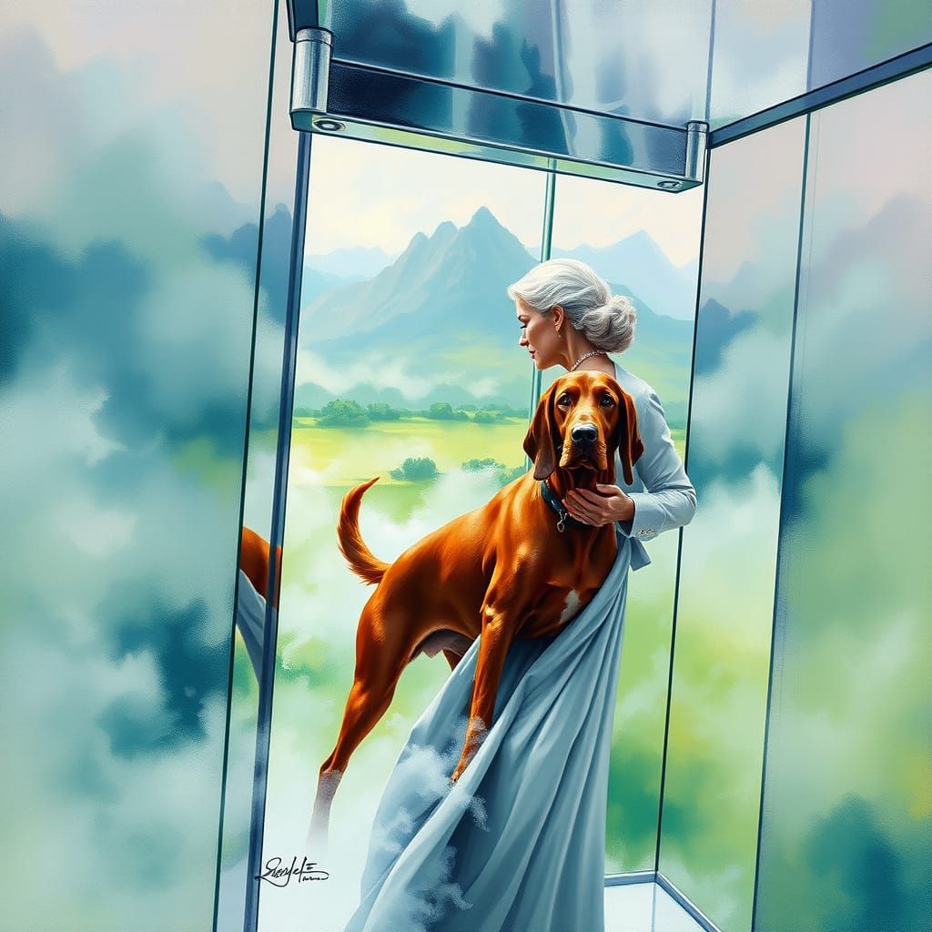 Elegant Woman and Setter in Elevator to Elsewhere