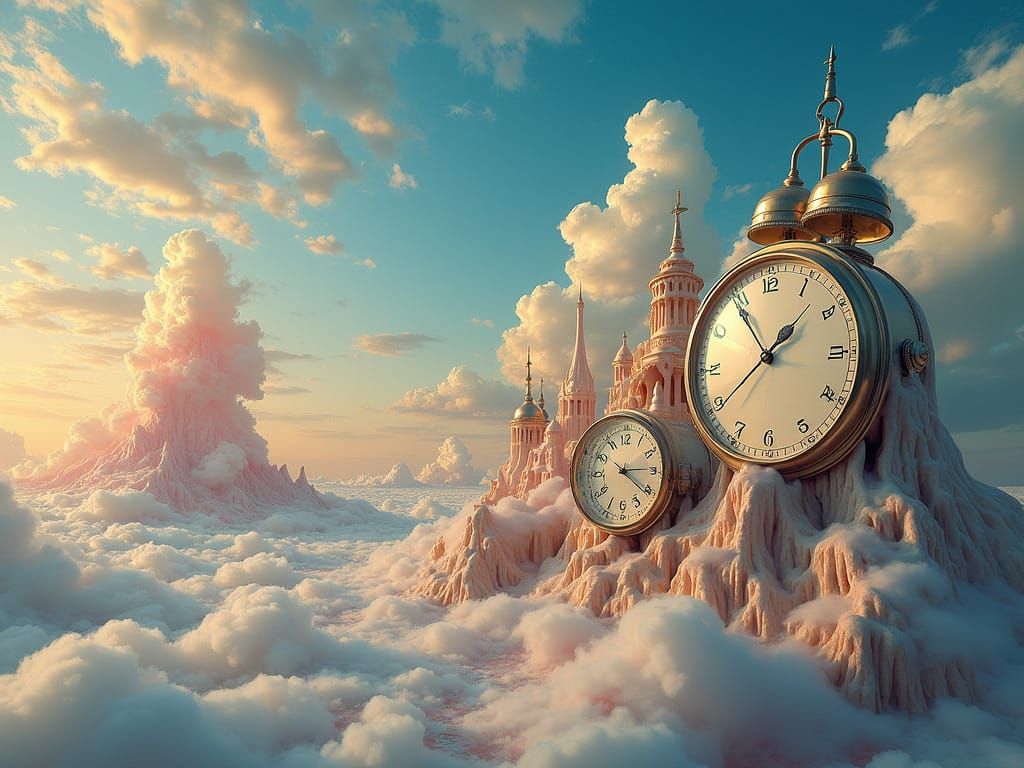 Surreal Dreamscape with Melting Clocks and Pastel Skies