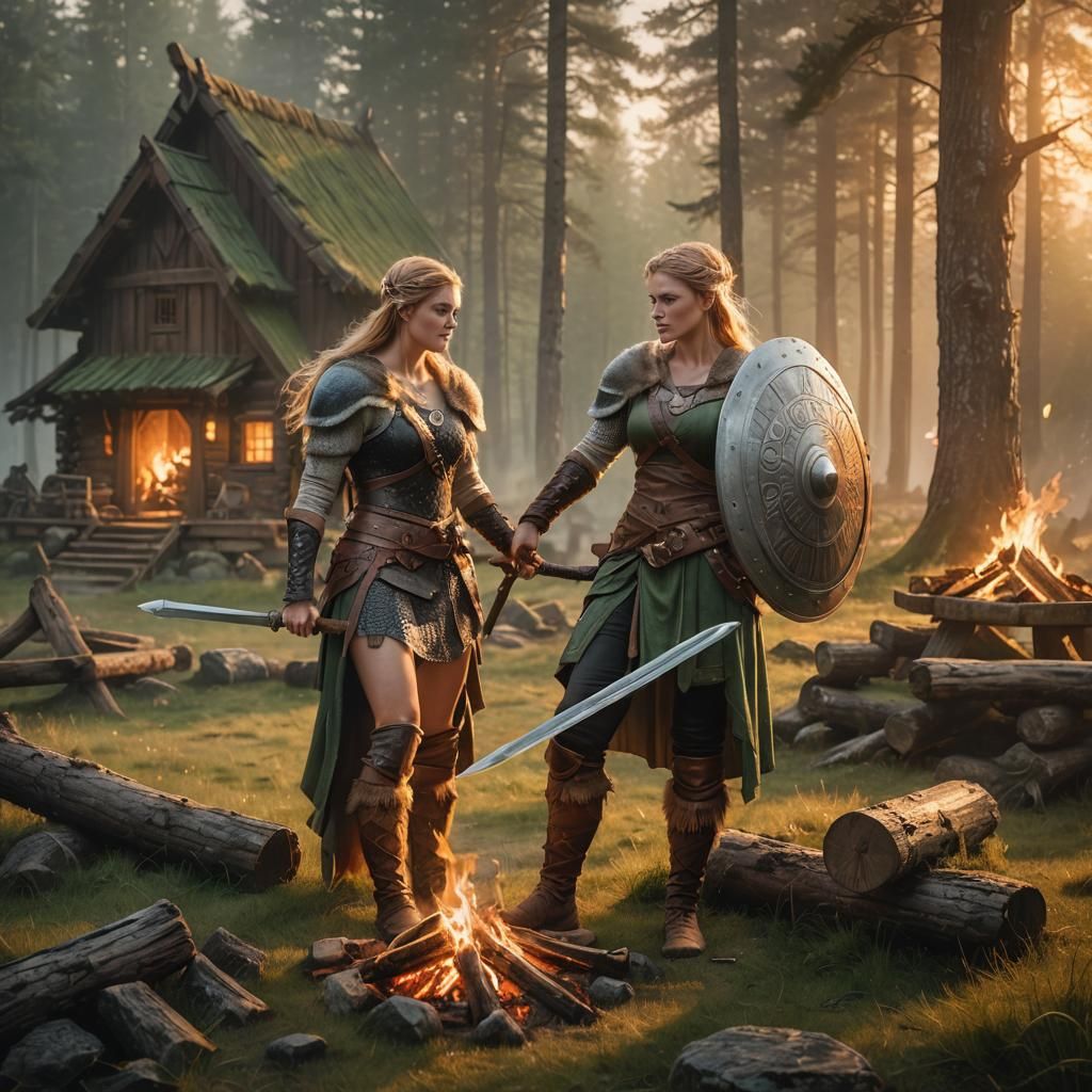 Viking Shield Maiden in Mystical Nordic Forest