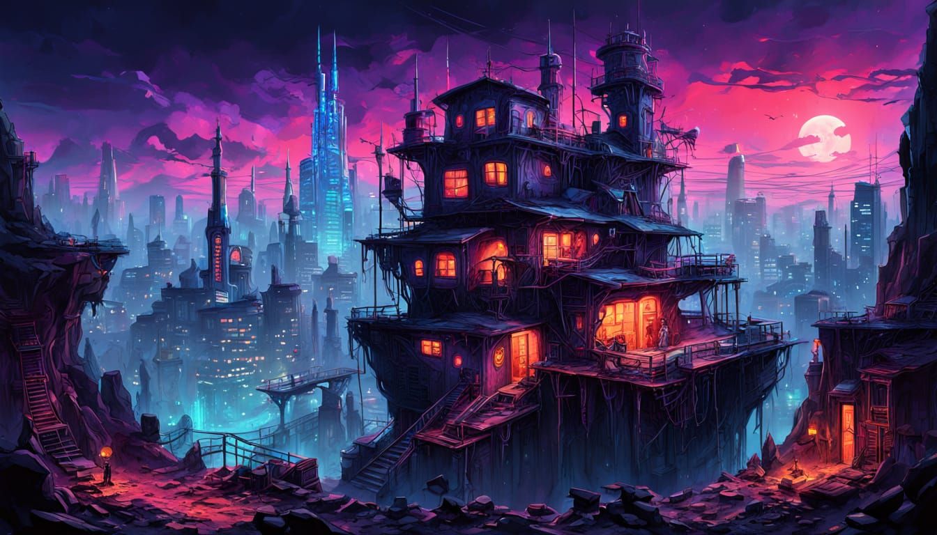 Cyberpunk Oasis Amidst a Futuristic Cityscape