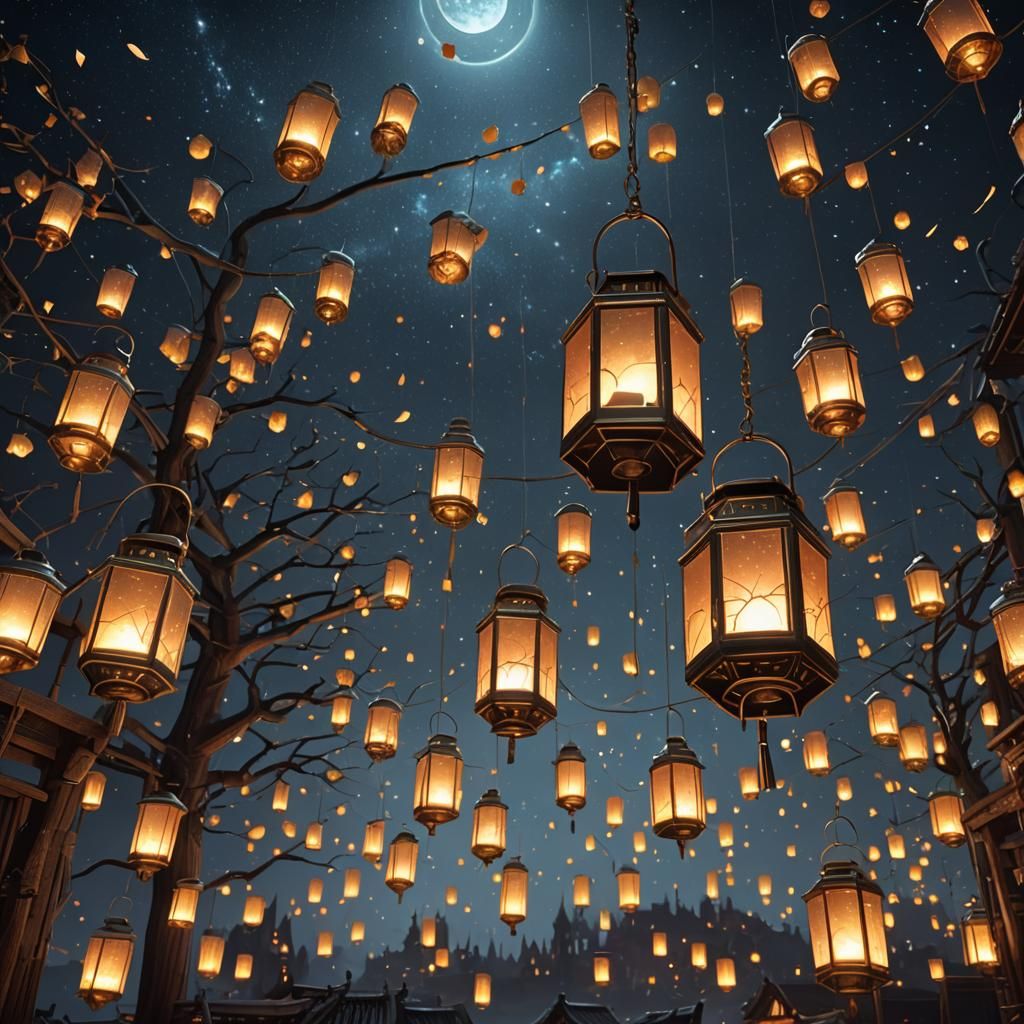 Lanterns Ascend into Starry Night: Fantasy Art