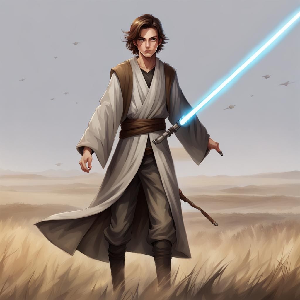 Young Grey Jedi Walks Battlefield in Semi-Realism