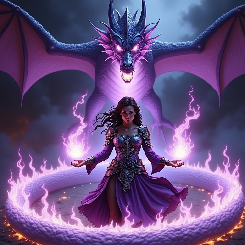 Warrior Woman Summons Dragon in Mythic Fantasy Style