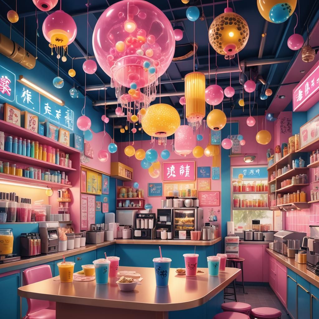 Colorful Bubble Tea Shop in Eiji Nishikawa Style