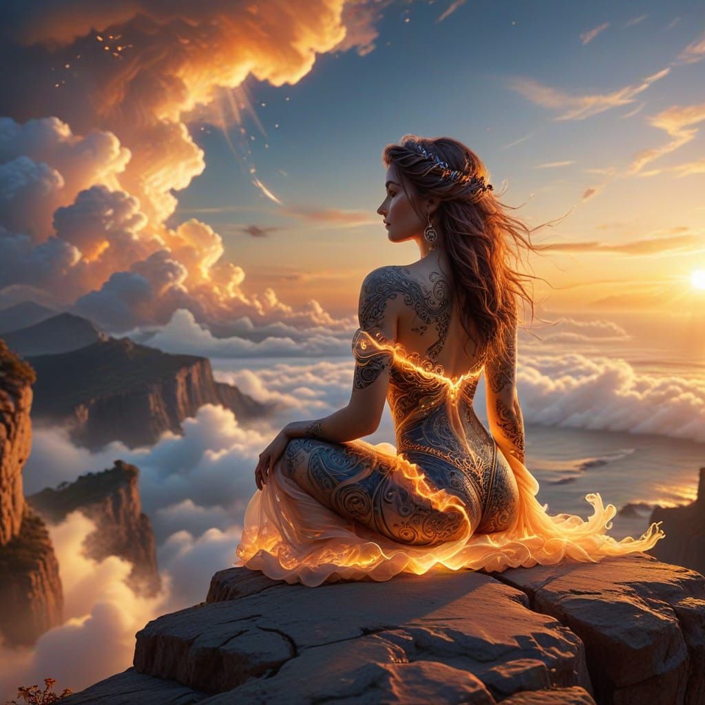 Woman Greets Sunrise Over Cloud Ocean in Ethereal Digital Pa...