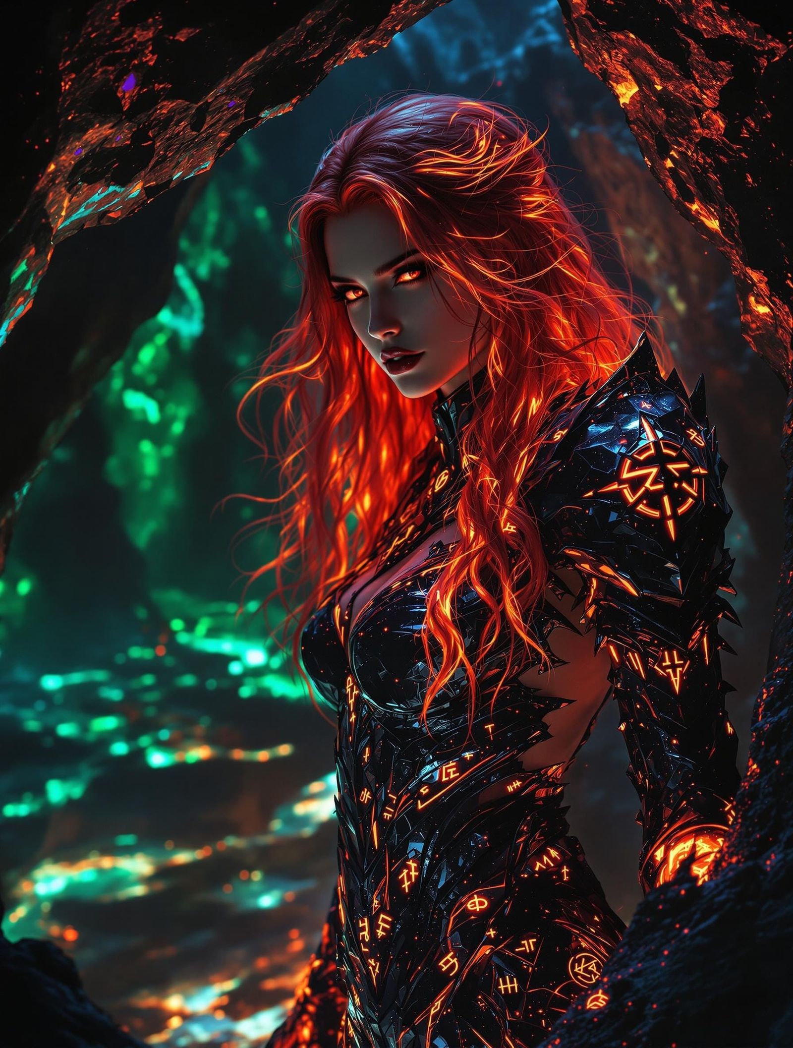 Obsidian Warrior in Fiery Armor with Luminous Crystals