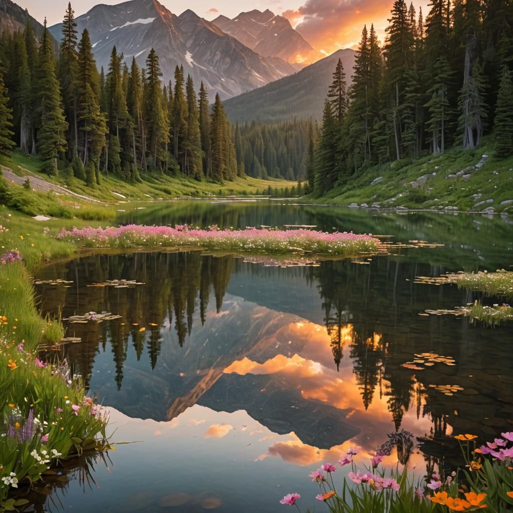 Sunset Reflection on Calm Mountain Lake