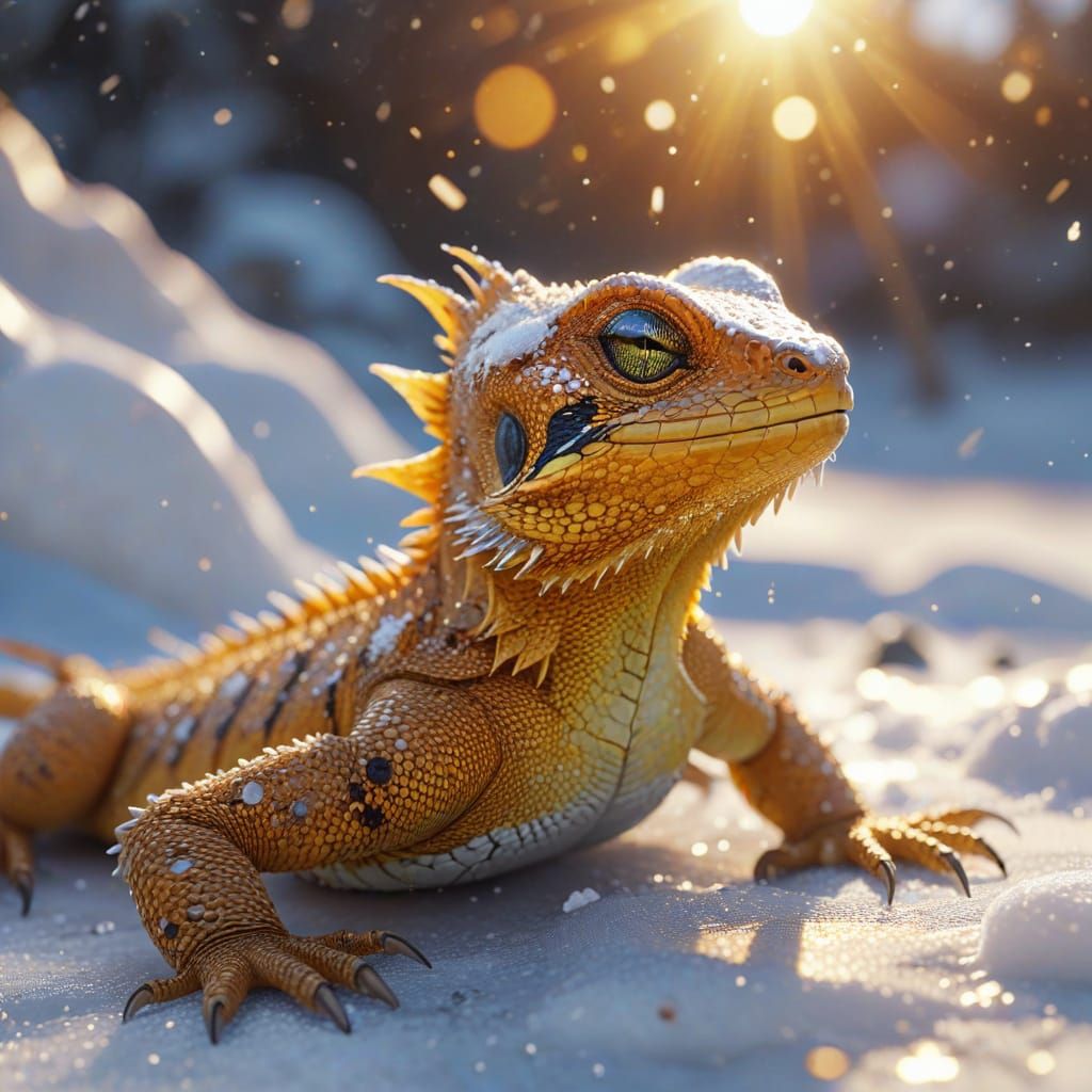 Lizard Sunbathing on Snow in Anime Style