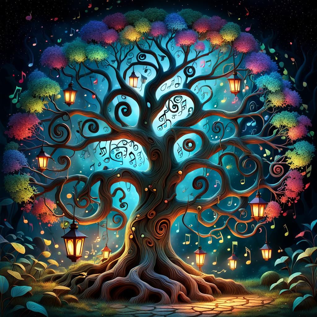 Whimsical Tree with Musical Notes, Fantasy Art