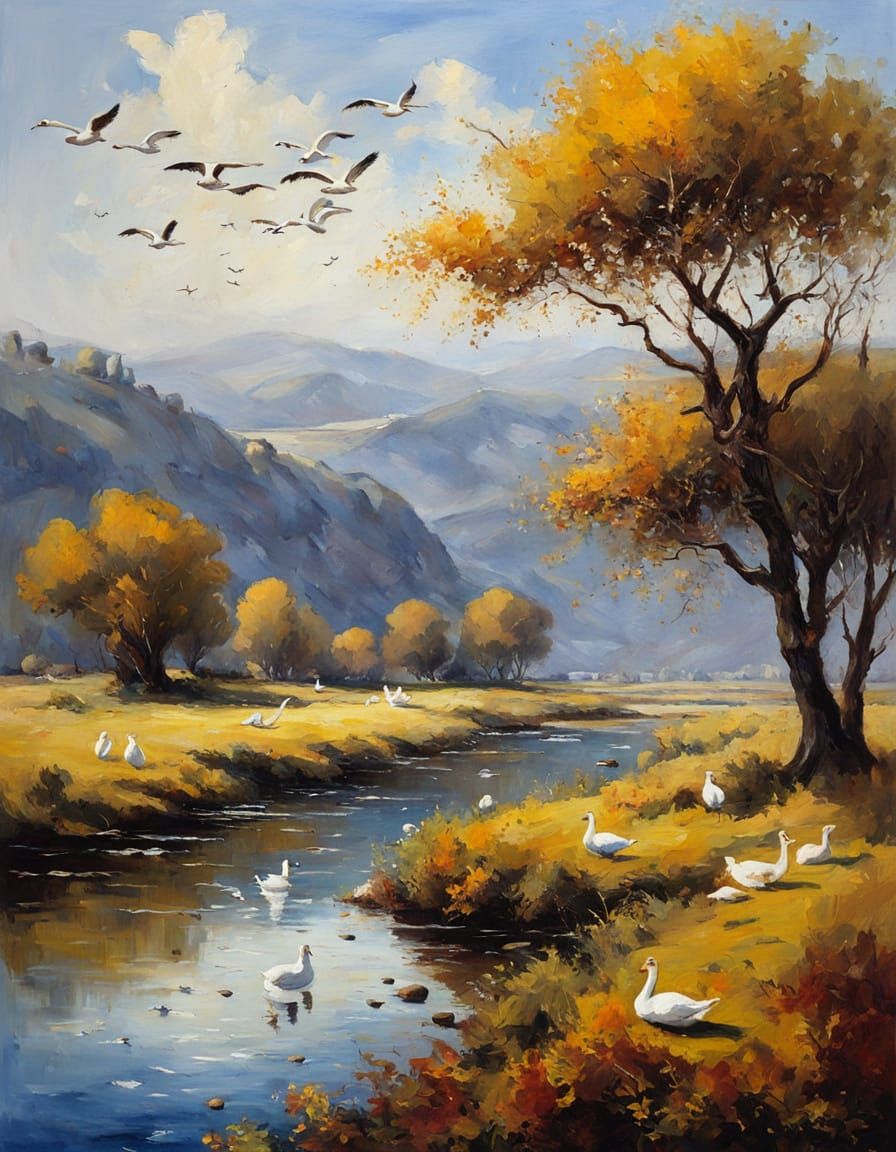 Autumn Melancholy Landscape Painting in English Watercolor S...