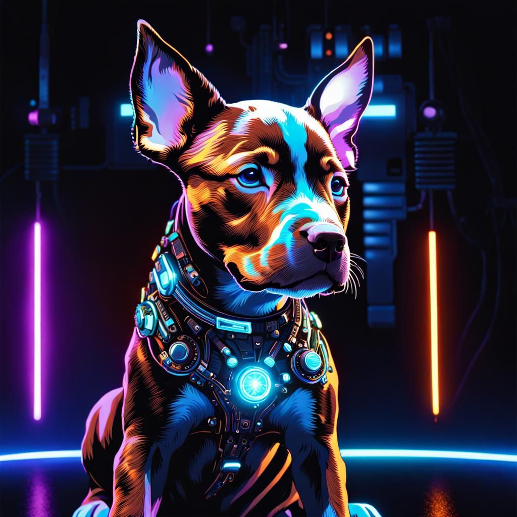 Cybernetic Blue Pit Bull Puppy in Cyberpunk Style