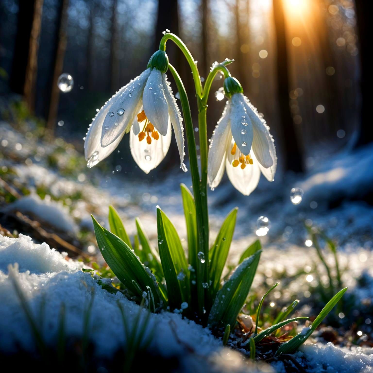 Snowdrop Flower in Forest, Hyperrealistic Close-Up