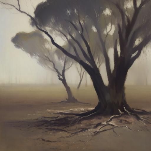 Australian Tonalism Painting of Bare Rooted Trees