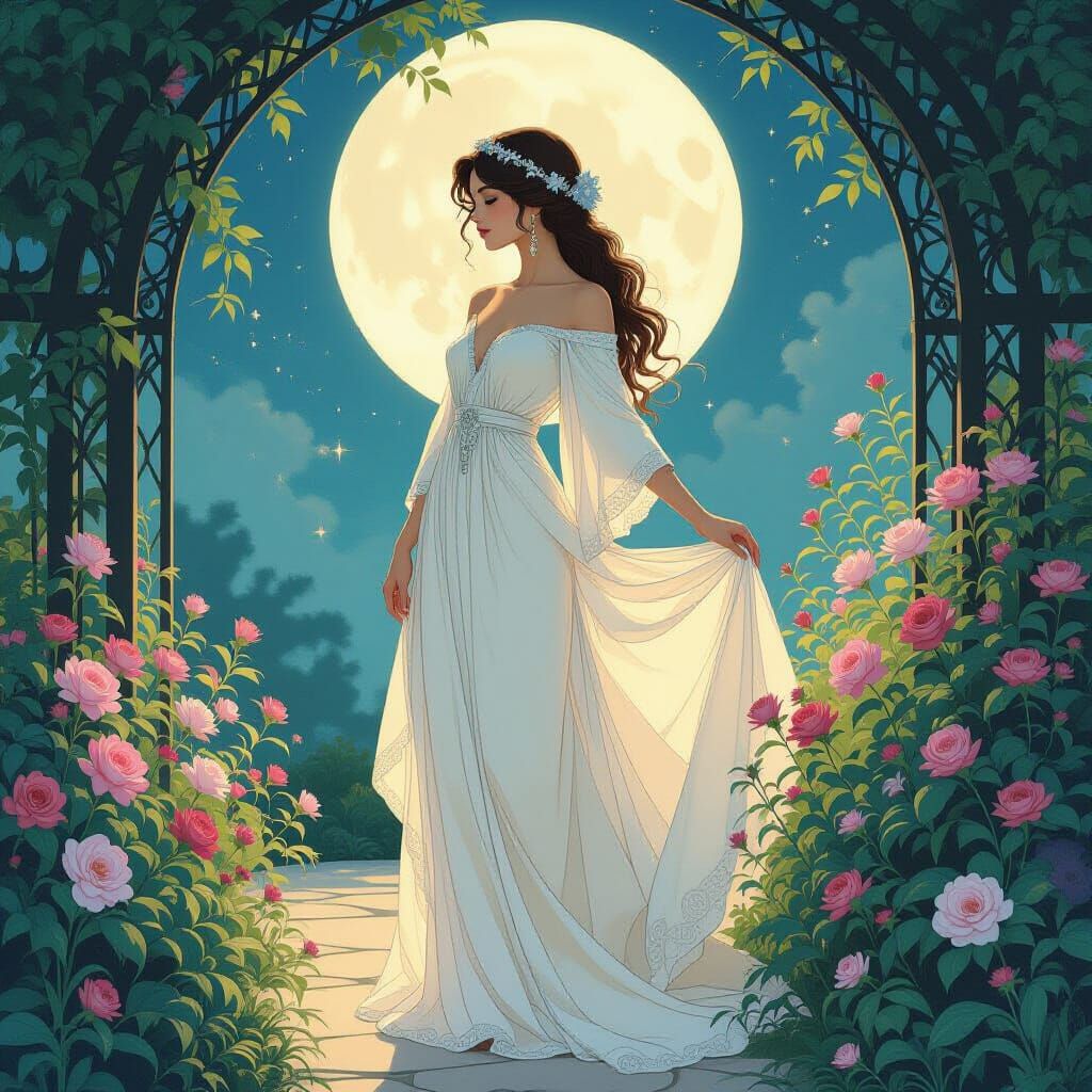Ethereal Woman in Moonlit Garden, Art Nouveau Style