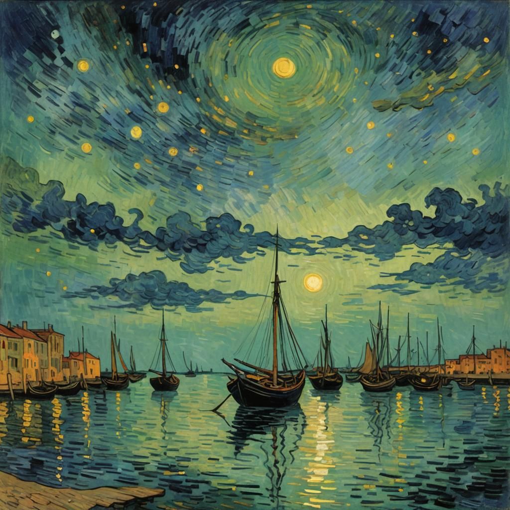 Van Gogh Style Grecian Marina at Twilight