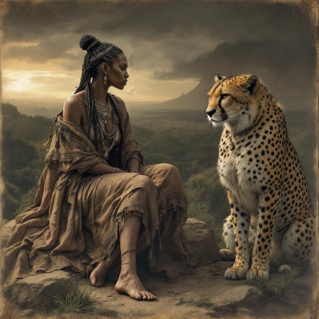 African Queen and Cheetah: Renaissance Charcoal Sketch
