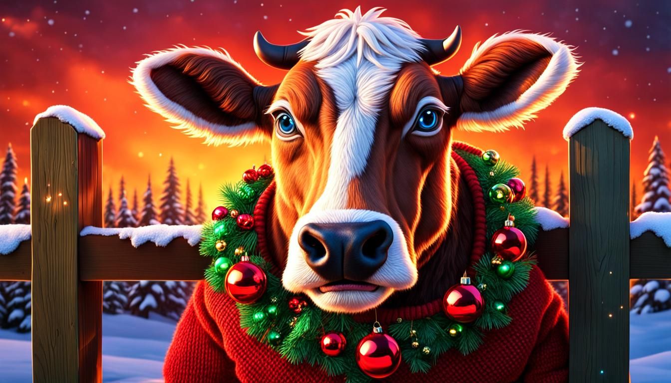Cow in Christmas Sweater Decorating Fence