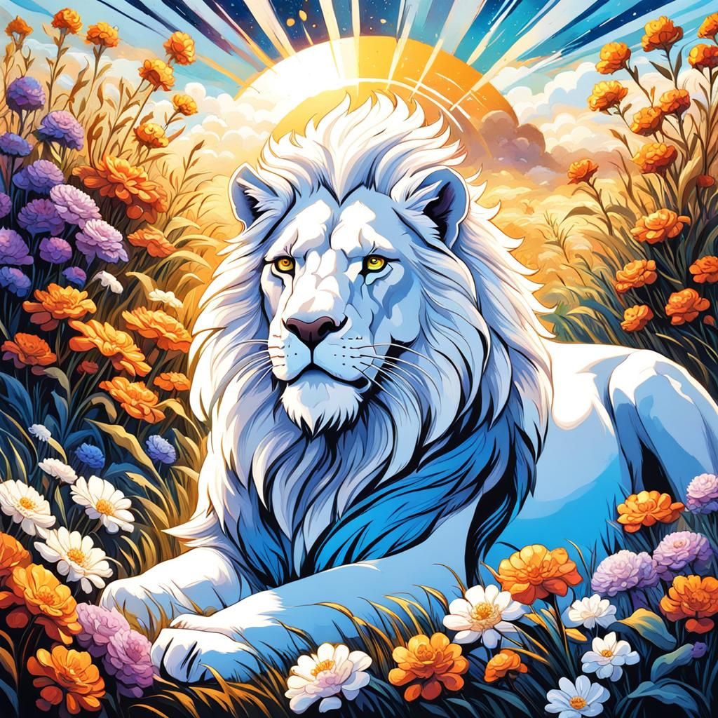 Majestic White Lion in Gothic Fantasy Gouache Style