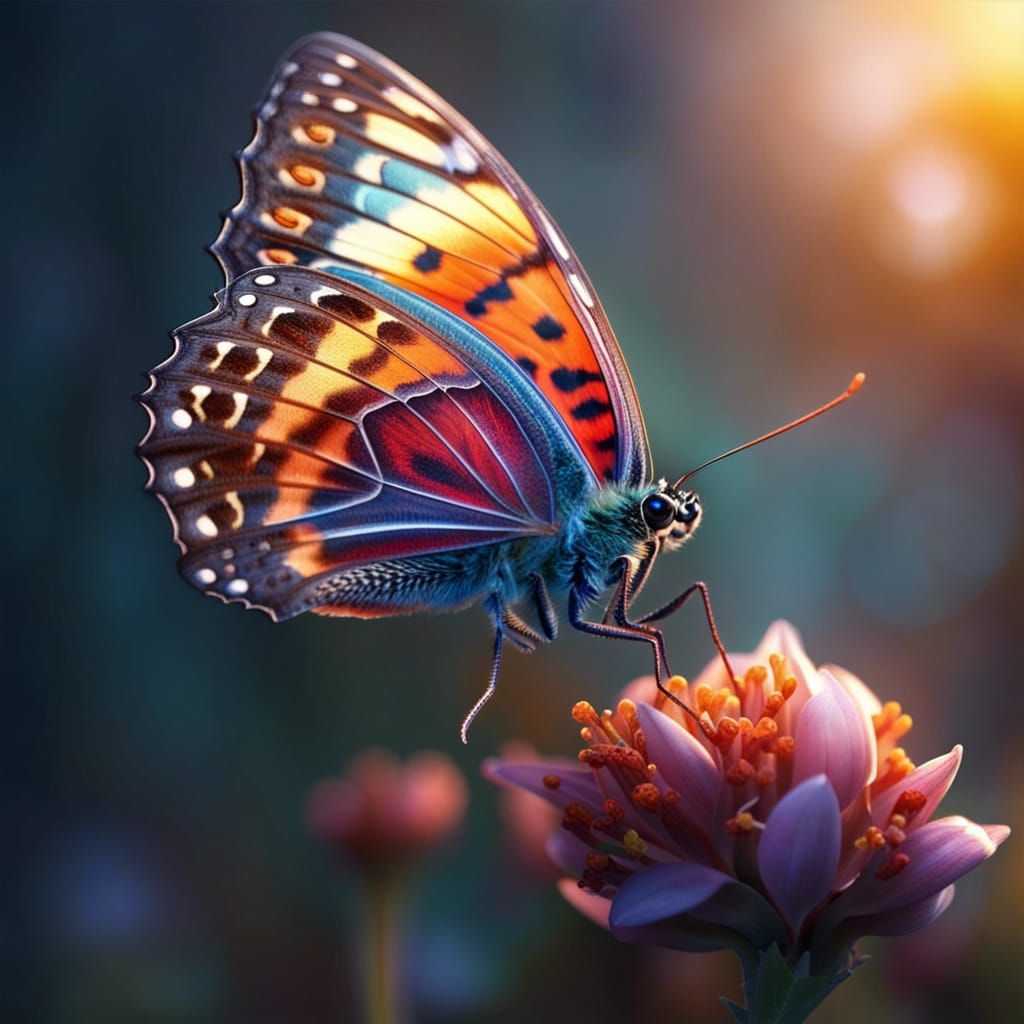 Butterfly on Flower Bud at Sunrise: Photorealistic Detail