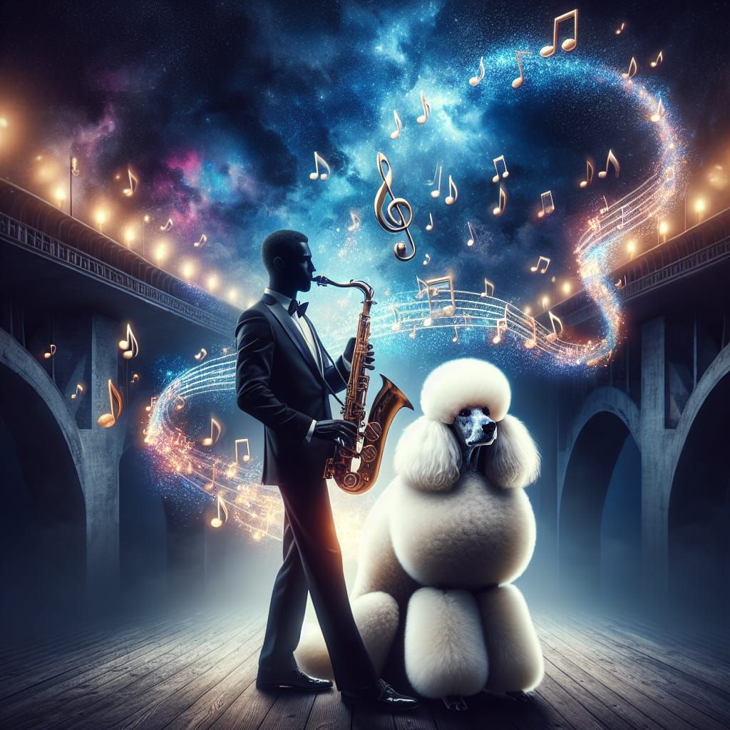 Saxophone Player and Poodle on Glowing Bridge