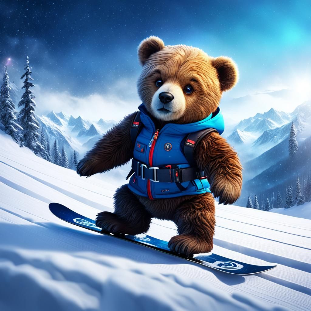 Teddy Bear Skiing in Blizzard: Fantasy Concept Art