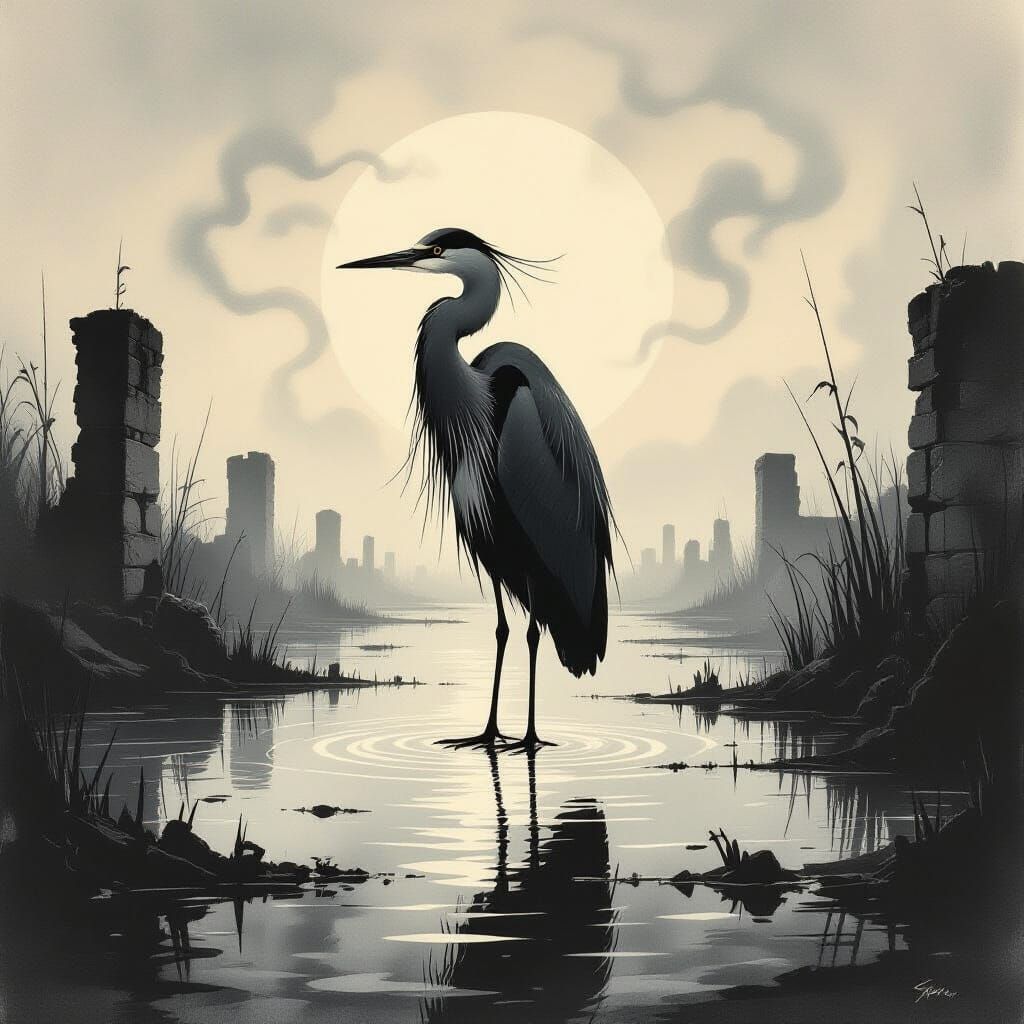Ancient Heron in Overgrown Swamp, Charcoal Sketch Style