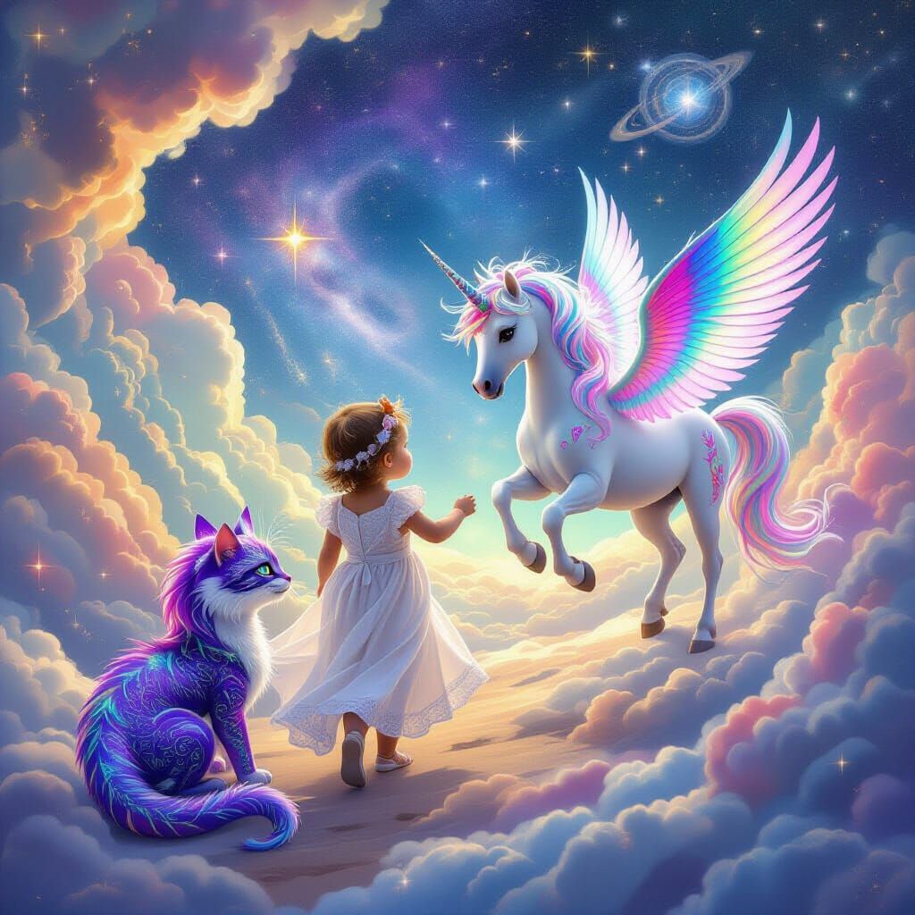 Cosmic Toddler with Dragon and Unicorn in Astral Illustratio...