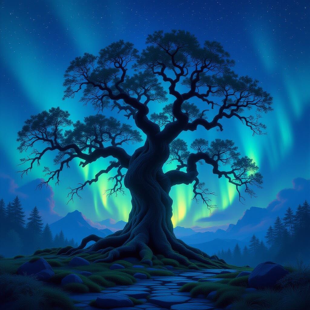 Ancient Oak Tree Under Aurora Borealis Digital Art