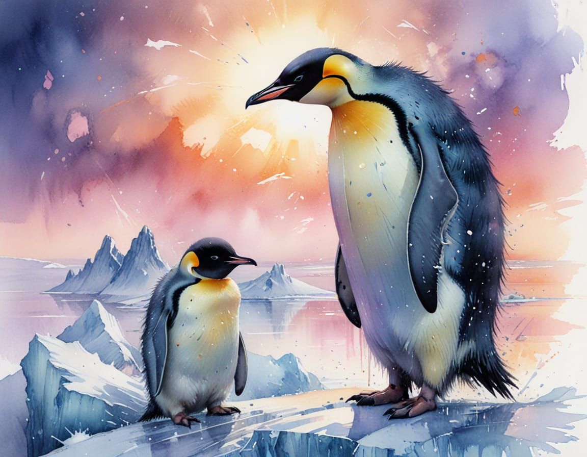 Emperor Penguins in Pastel Twilight, Expressive Watercolour ...