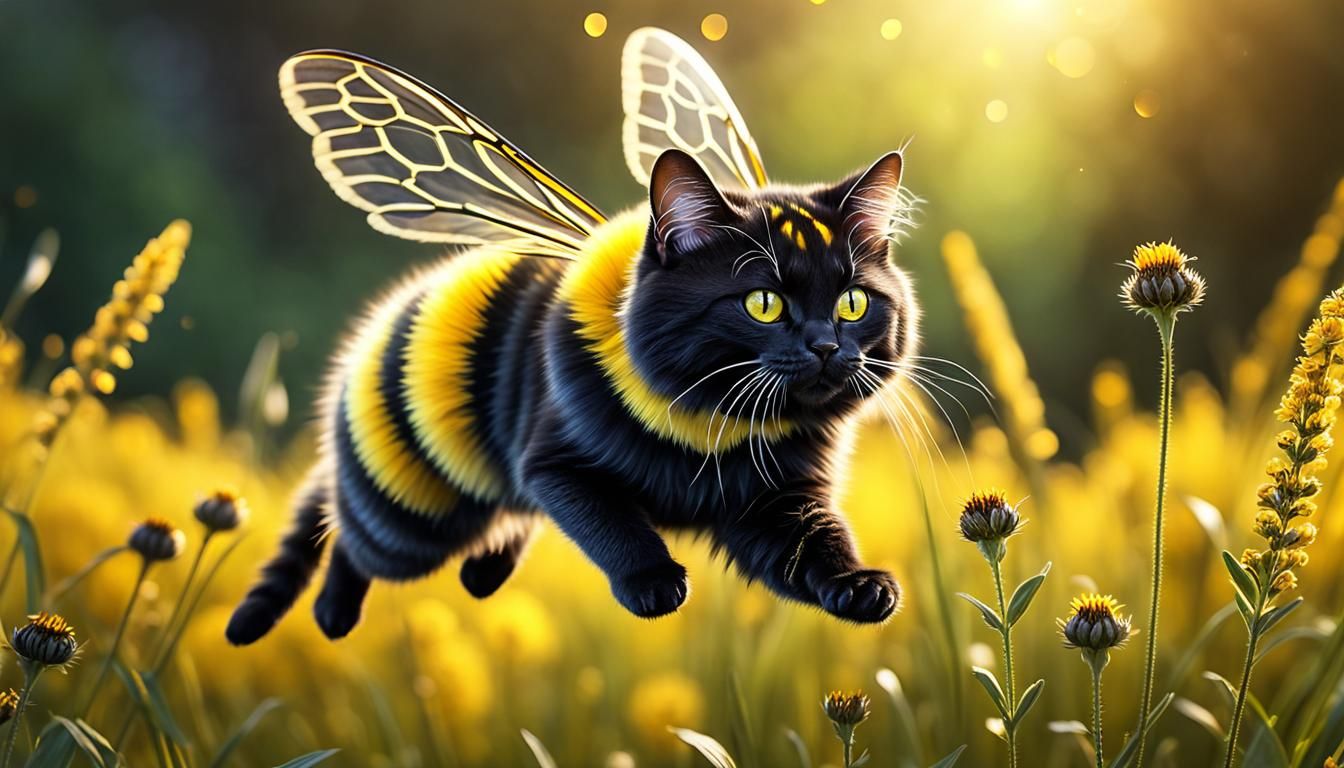 Fluffy Bee Cat in Atmospheric Meadow, Cinematic Realism