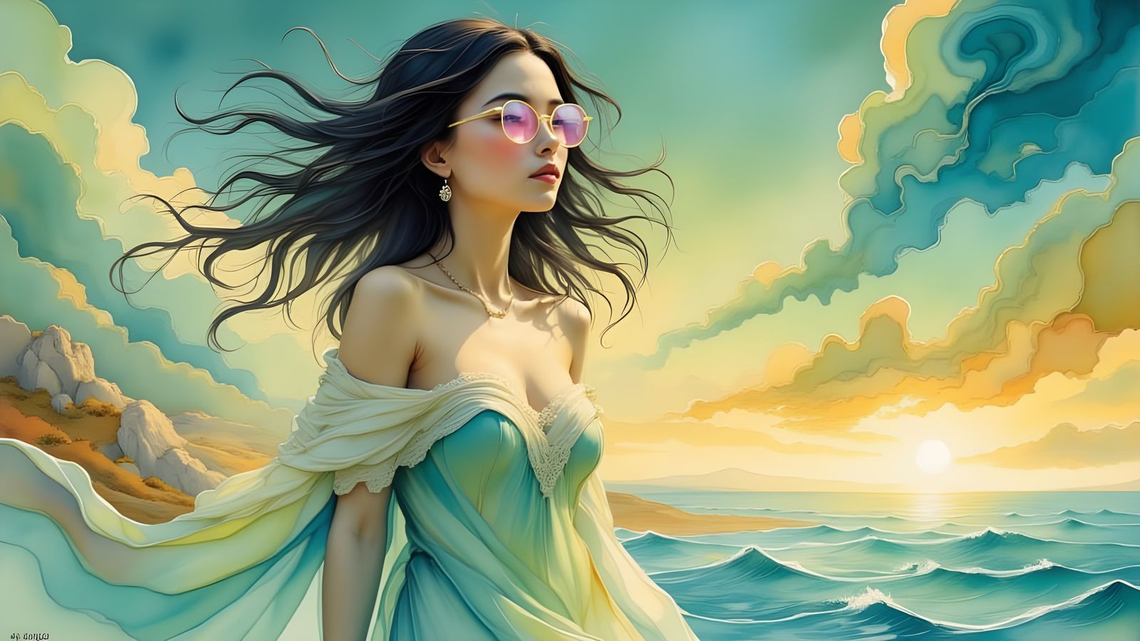 Teal Goddess in Dreamlike Yellow Landscape