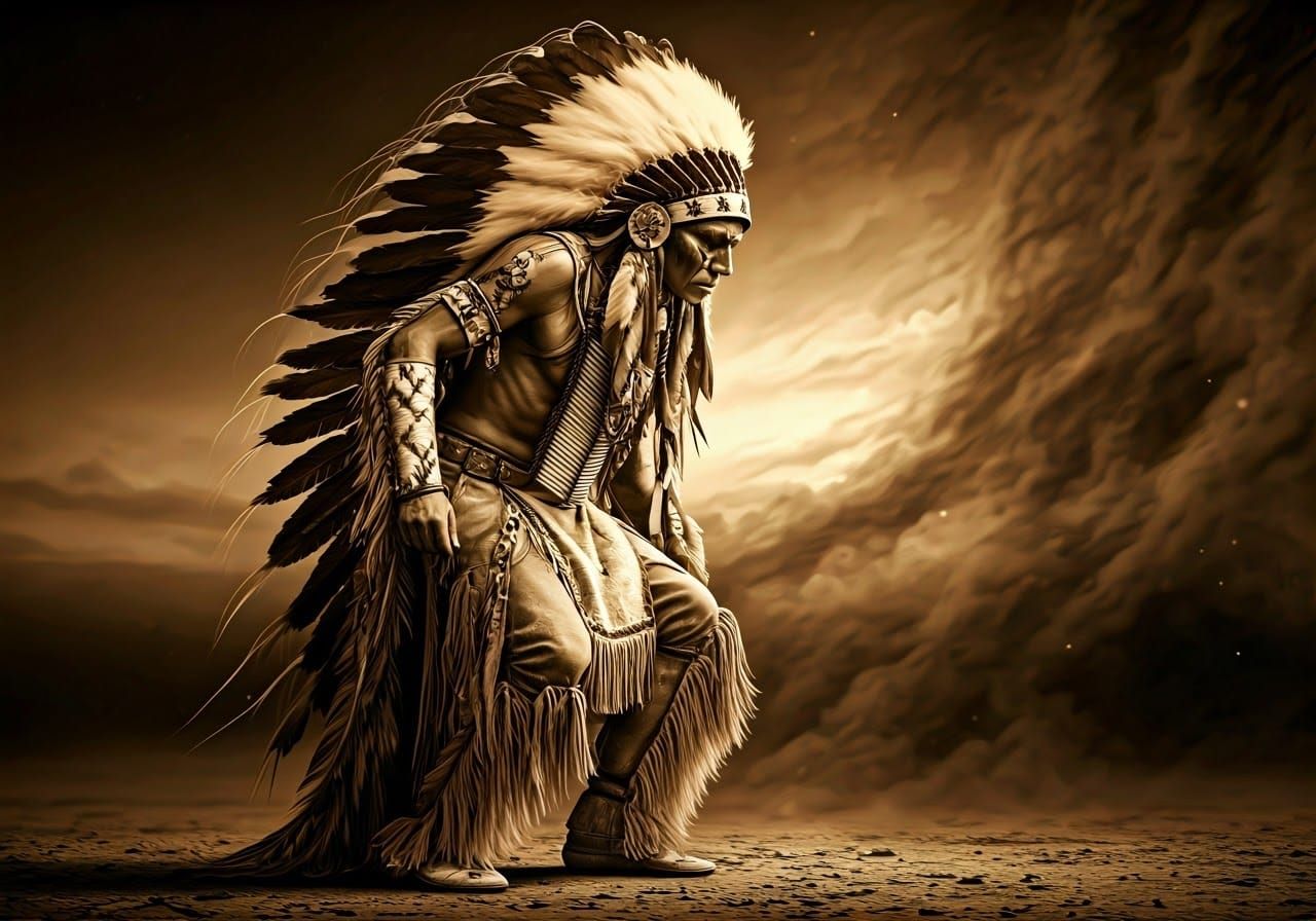 Native American Chief in Ceremonial Dance, Oil Painting