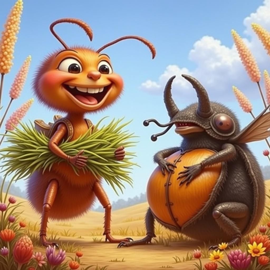 Ant and Beetle in Wildflower Field, Storybook Illustration