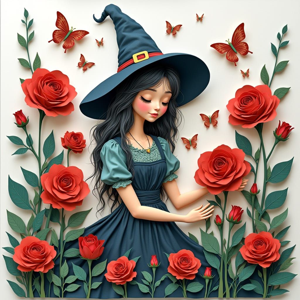 Cut paper collage art. A whimsical witch tending to a garden...