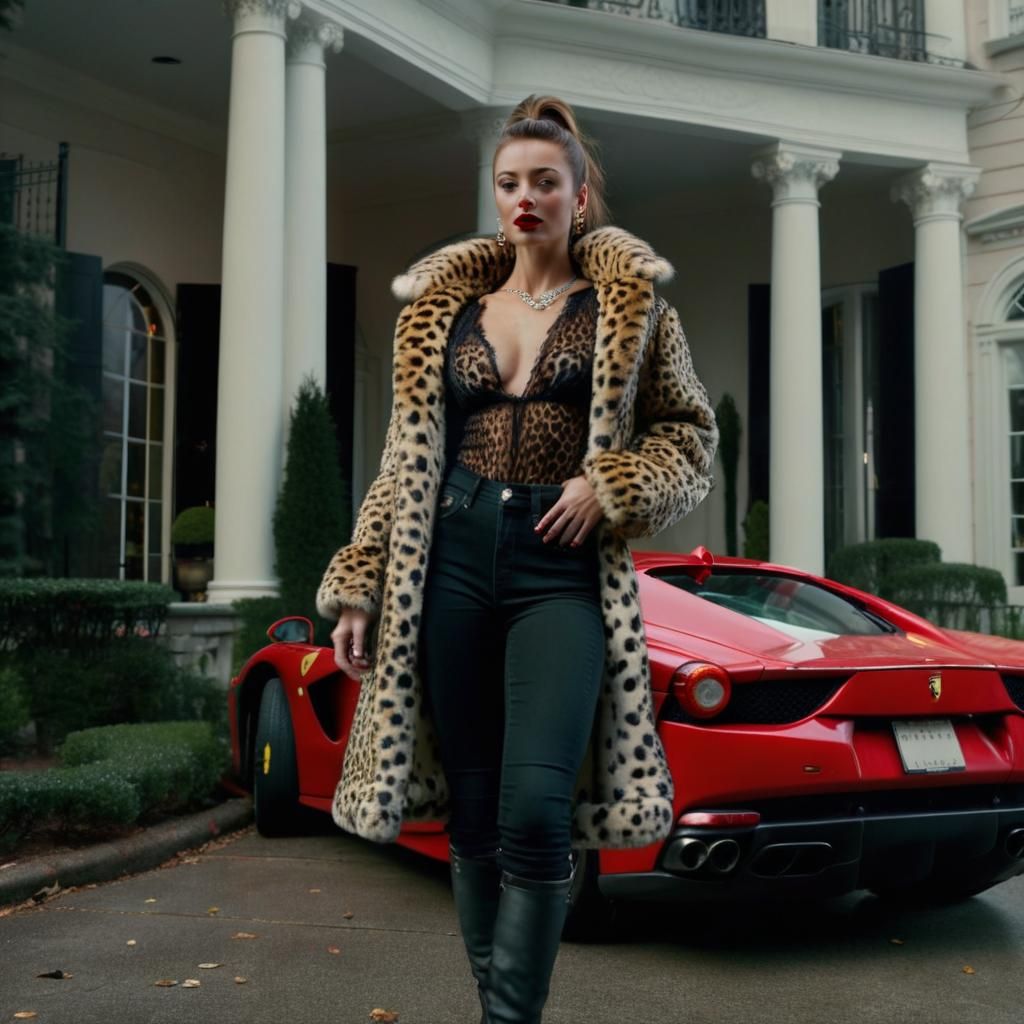 Woman in Leopard Coat Next to Ferrari: Cinematic Style