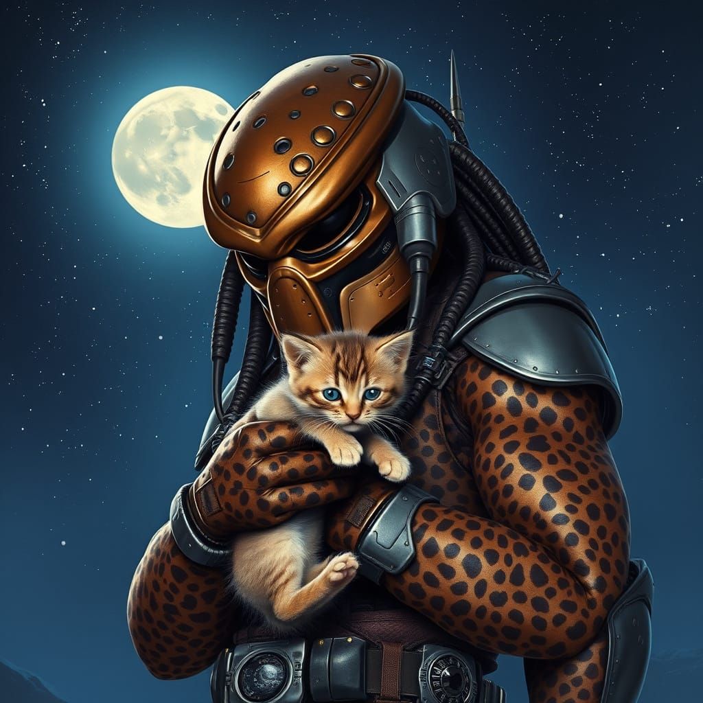 Cyberpunk Hunter from a Distant Planet Cradles a Furry Compa...